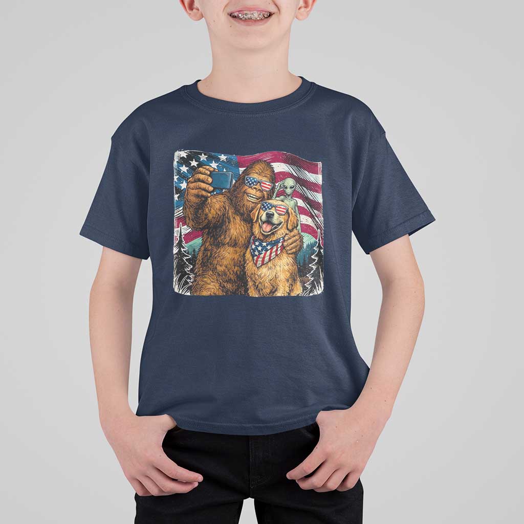 Funny Patriotic Bigfoot Golden Retriever Selfie Squad T Shirt For Kid
