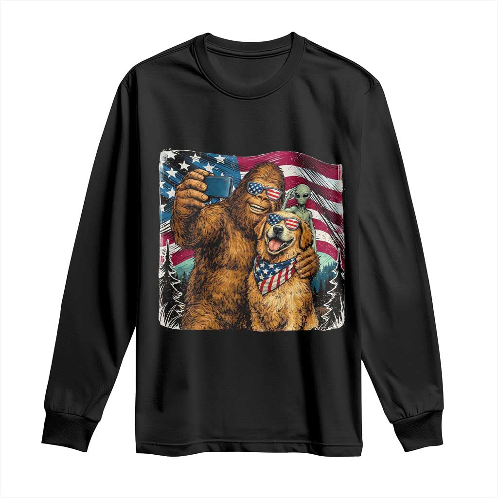 Funny Patriotic Bigfoot Golden Retriever Selfie Squad Long Sleeve Shirt