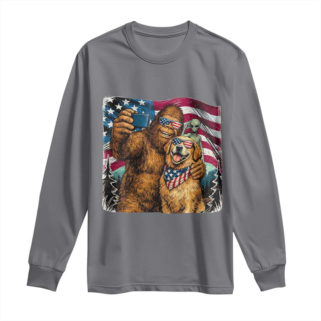 Funny Patriotic Bigfoot Golden Retriever Selfie Squad Long Sleeve Shirt