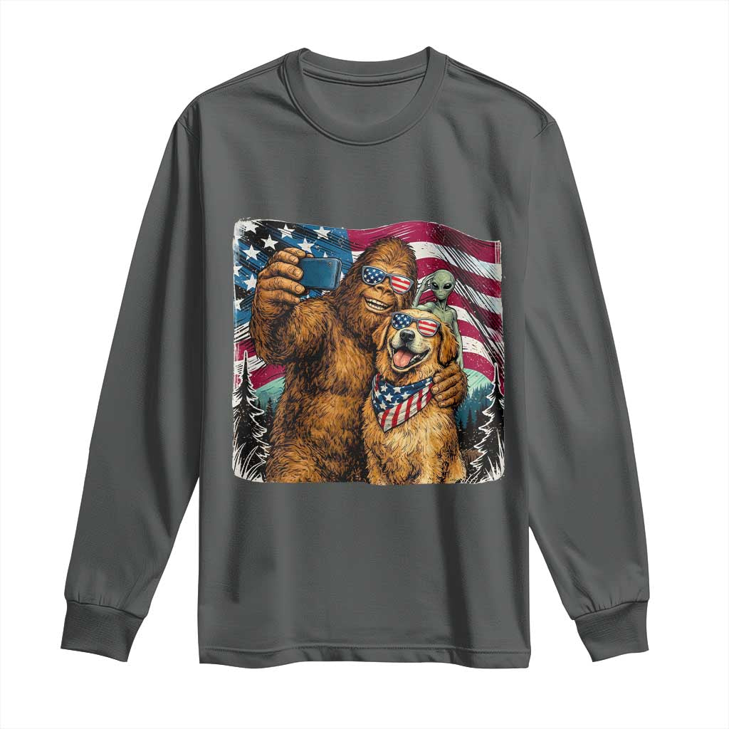 Funny Patriotic Bigfoot Golden Retriever Selfie Squad Long Sleeve Shirt