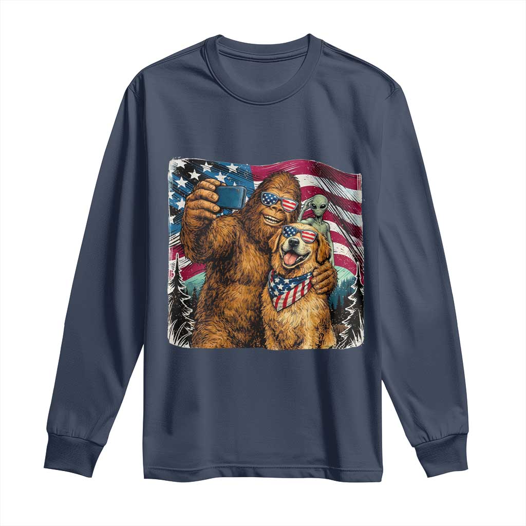 Funny Patriotic Bigfoot Golden Retriever Selfie Squad Long Sleeve Shirt