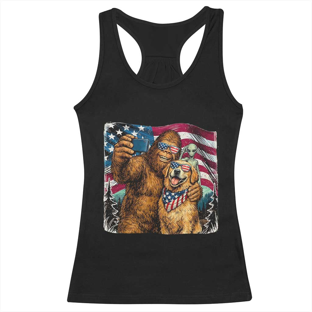 Funny Patriotic Bigfoot Golden Retriever Selfie Squad Racerback Tank Top