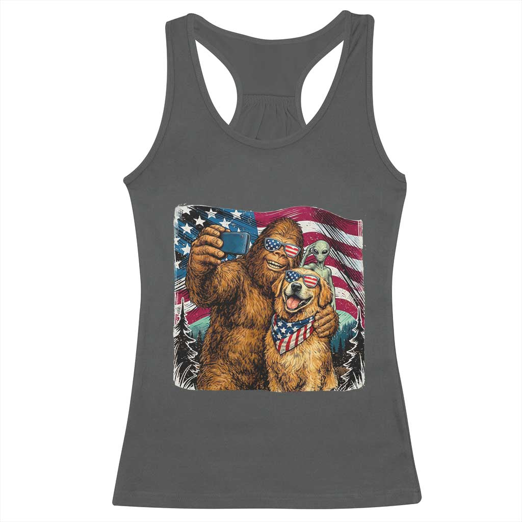 Funny Patriotic Bigfoot Golden Retriever Selfie Squad Racerback Tank Top