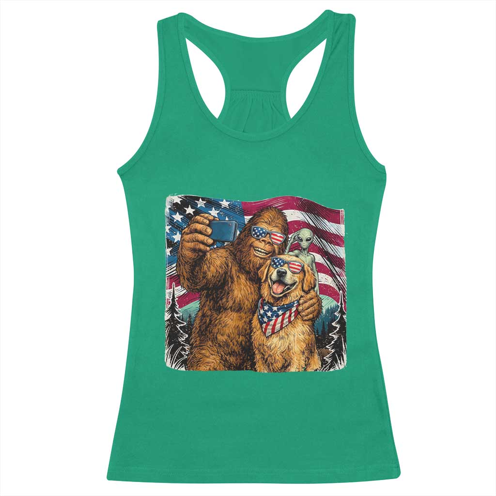 Funny Patriotic Bigfoot Golden Retriever Selfie Squad Racerback Tank Top