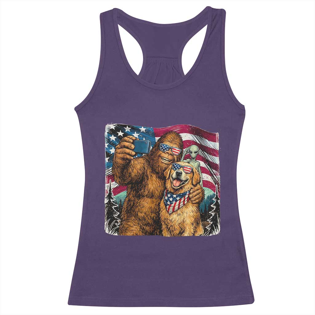 Funny Patriotic Bigfoot Golden Retriever Selfie Squad Racerback Tank Top