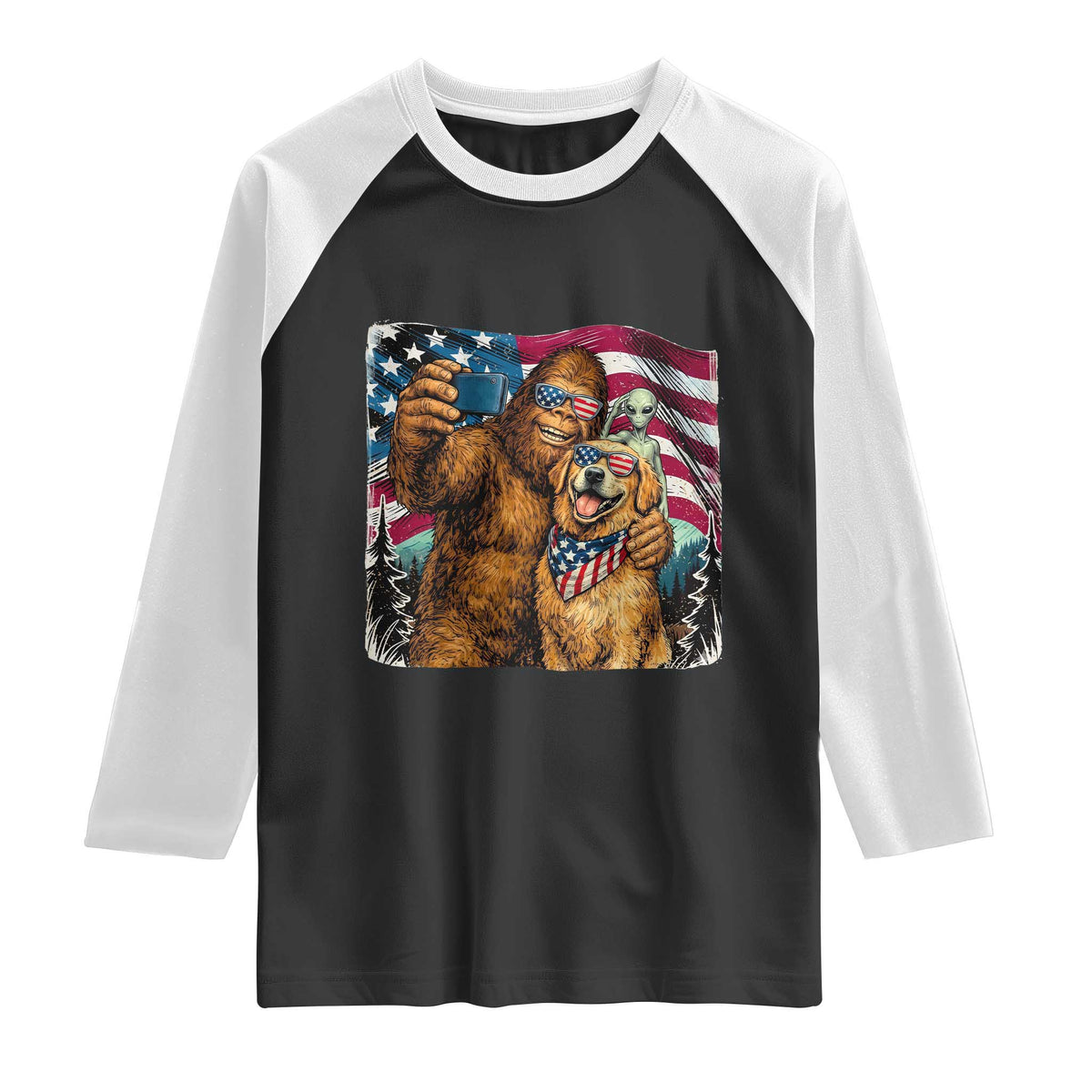 Funny Patriotic Bigfoot Golden Retriever Selfie Squad Raglan Shirt