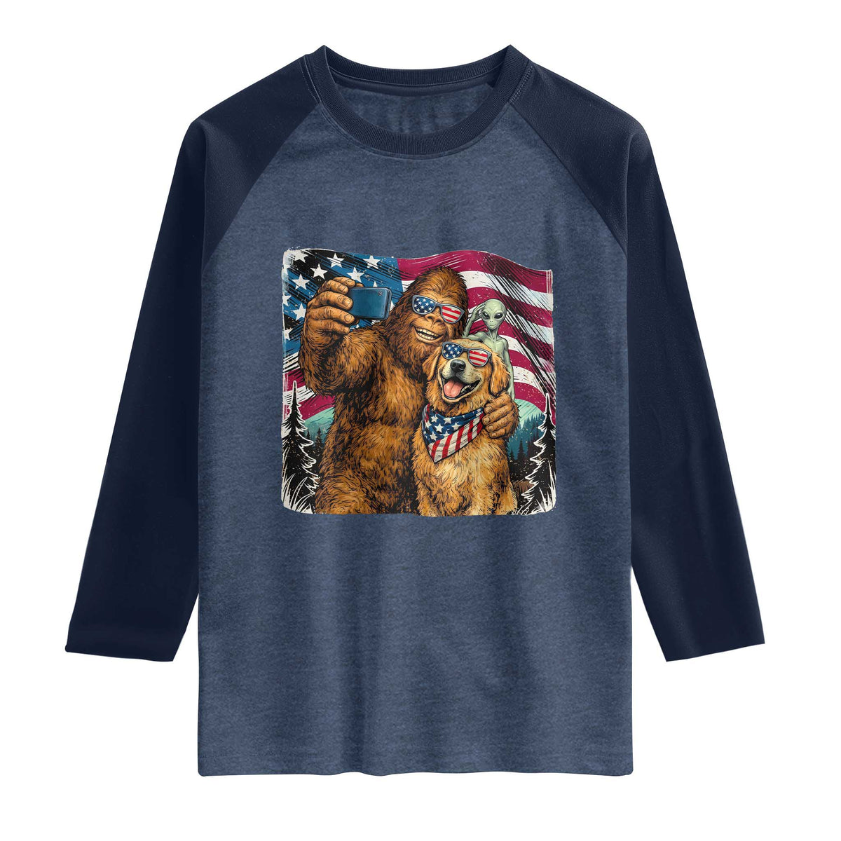Funny Patriotic Bigfoot Golden Retriever Selfie Squad Raglan Shirt