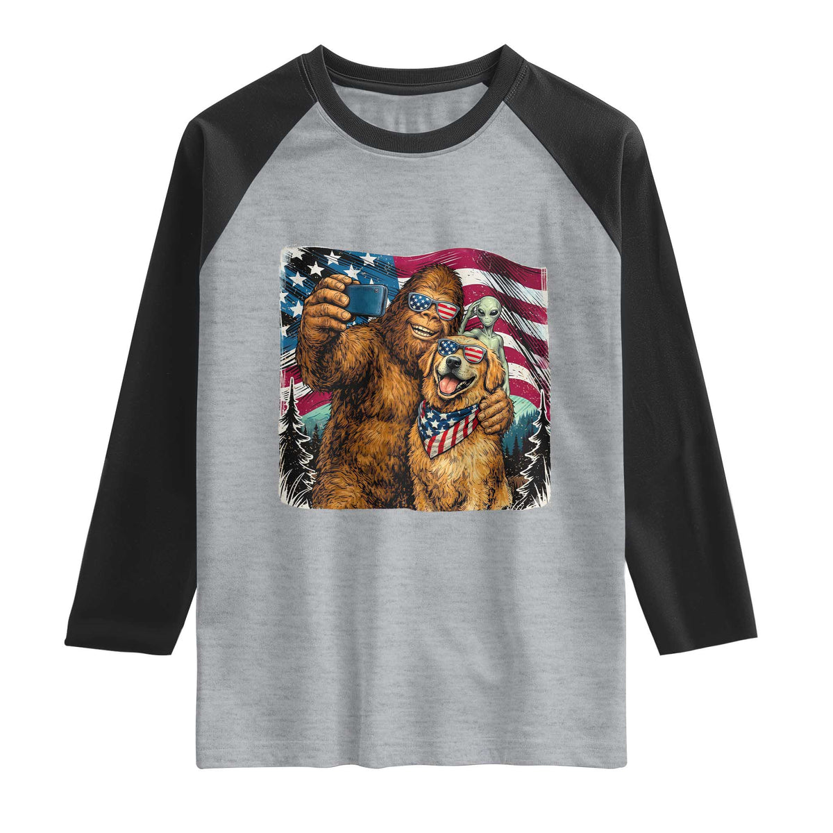 Funny Patriotic Bigfoot Golden Retriever Selfie Squad Raglan Shirt