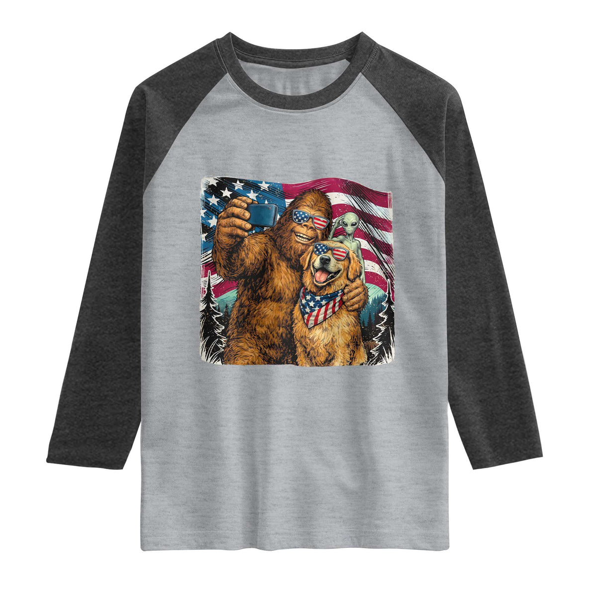 Funny Patriotic Bigfoot Golden Retriever Selfie Squad Raglan Shirt