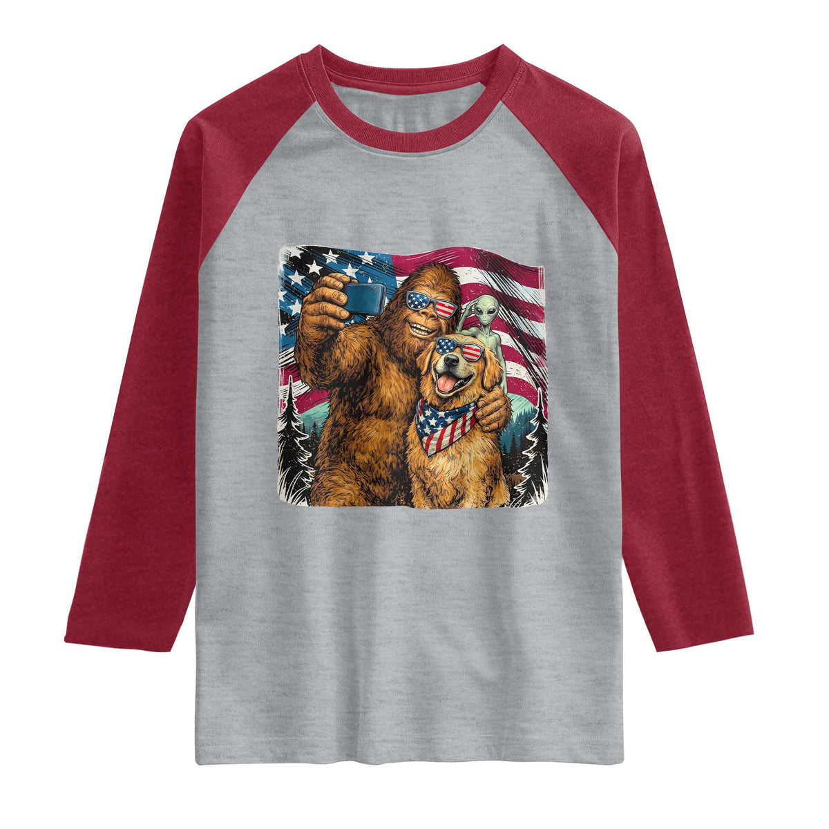 Funny Patriotic Bigfoot Golden Retriever Selfie Squad Raglan Shirt