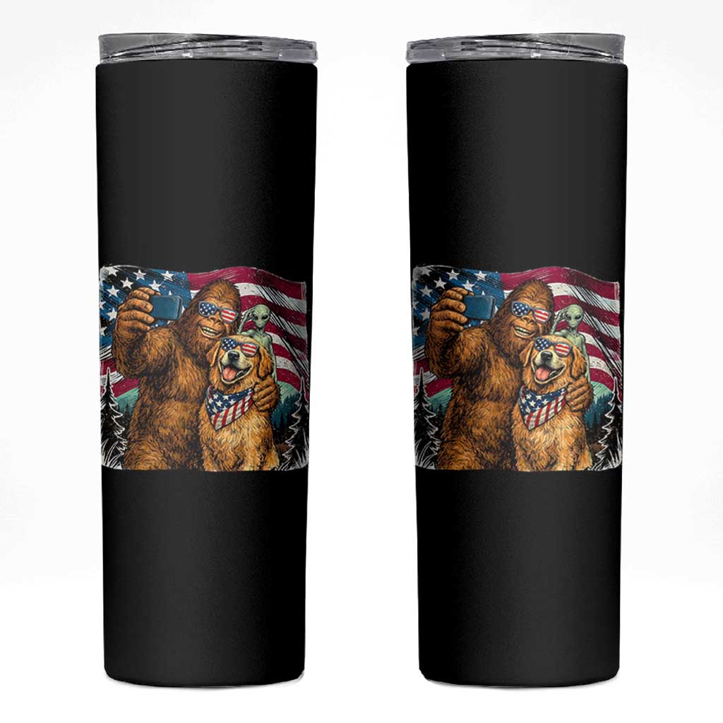 Funny Patriotic Bigfoot Golden Retriever Selfie Squad Skinny Tumbler
