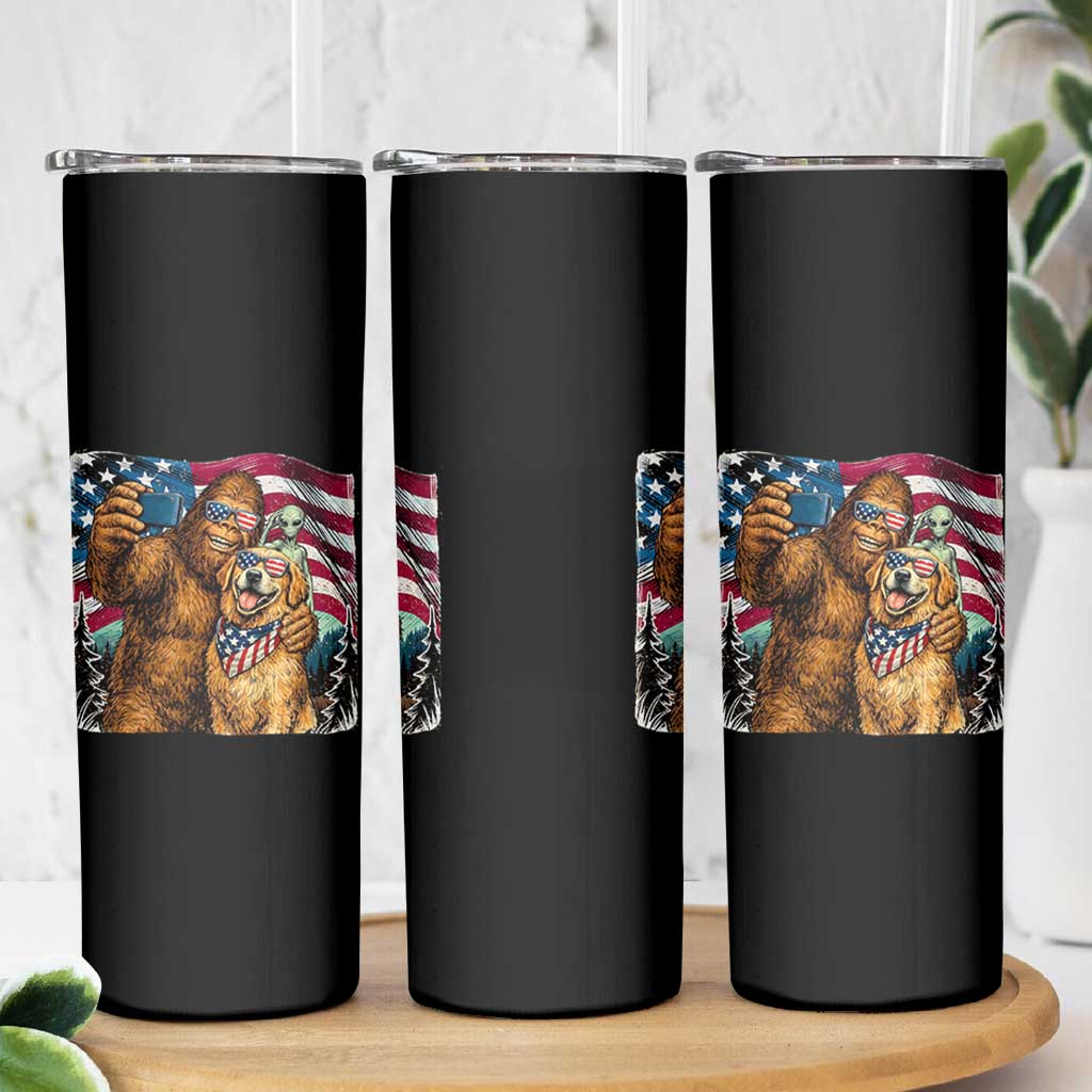 Funny Patriotic Bigfoot Golden Retriever Selfie Squad Skinny Tumbler