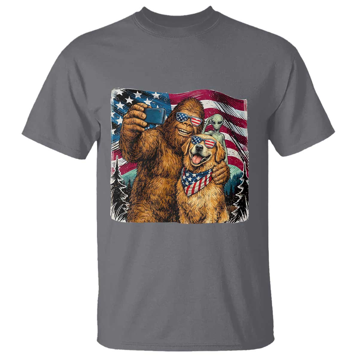 Funny Patriotic Bigfoot Golden Retriever Selfie Squad T Shirt