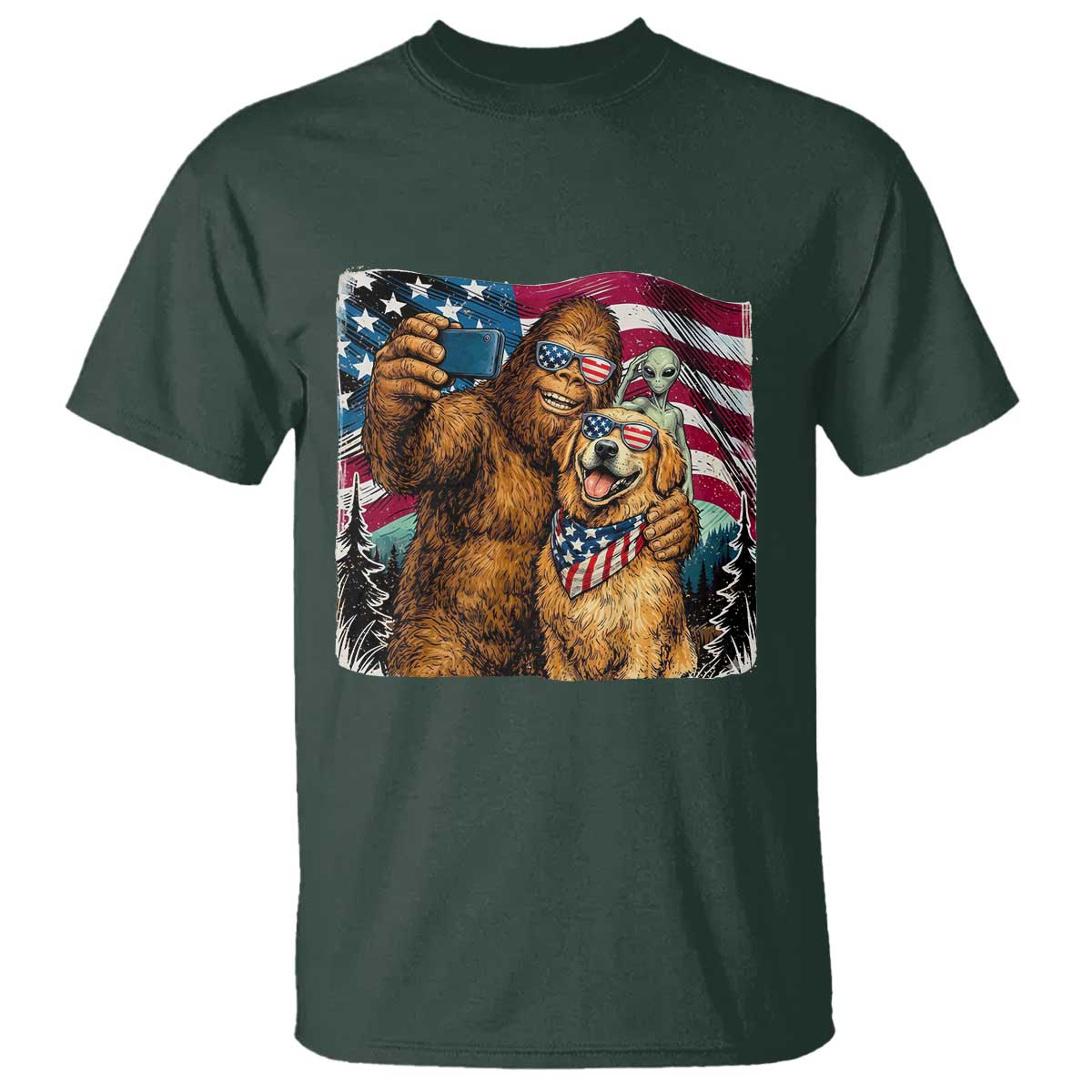 Funny Patriotic Bigfoot Golden Retriever Selfie Squad T Shirt