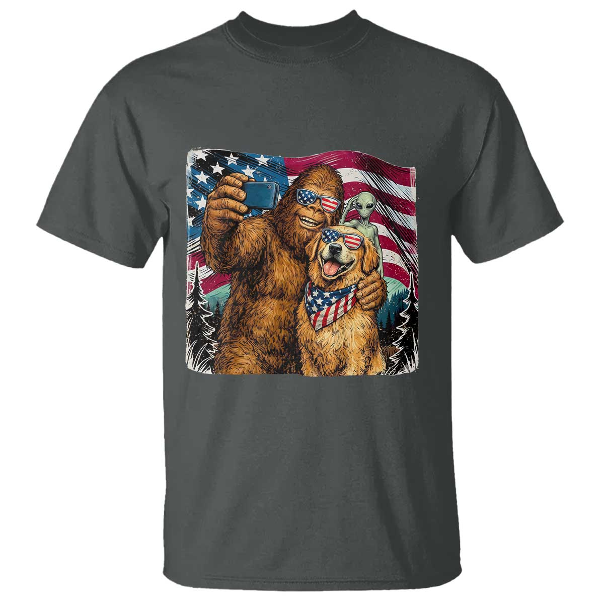 Funny Patriotic Bigfoot Golden Retriever Selfie Squad T Shirt