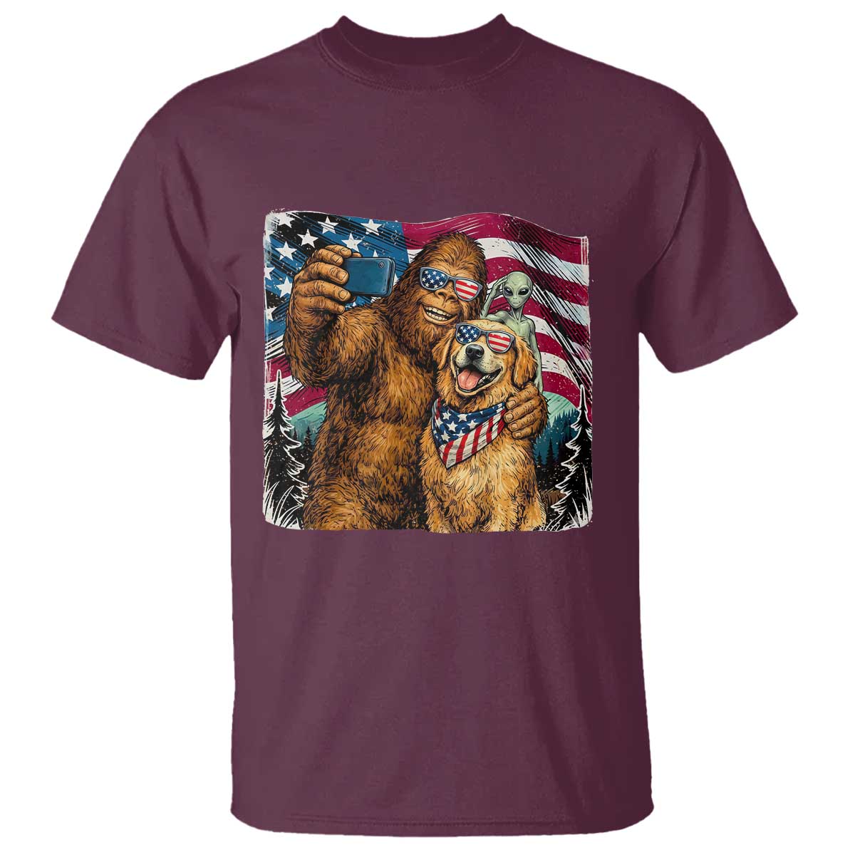 Funny Patriotic Bigfoot Golden Retriever Selfie Squad T Shirt