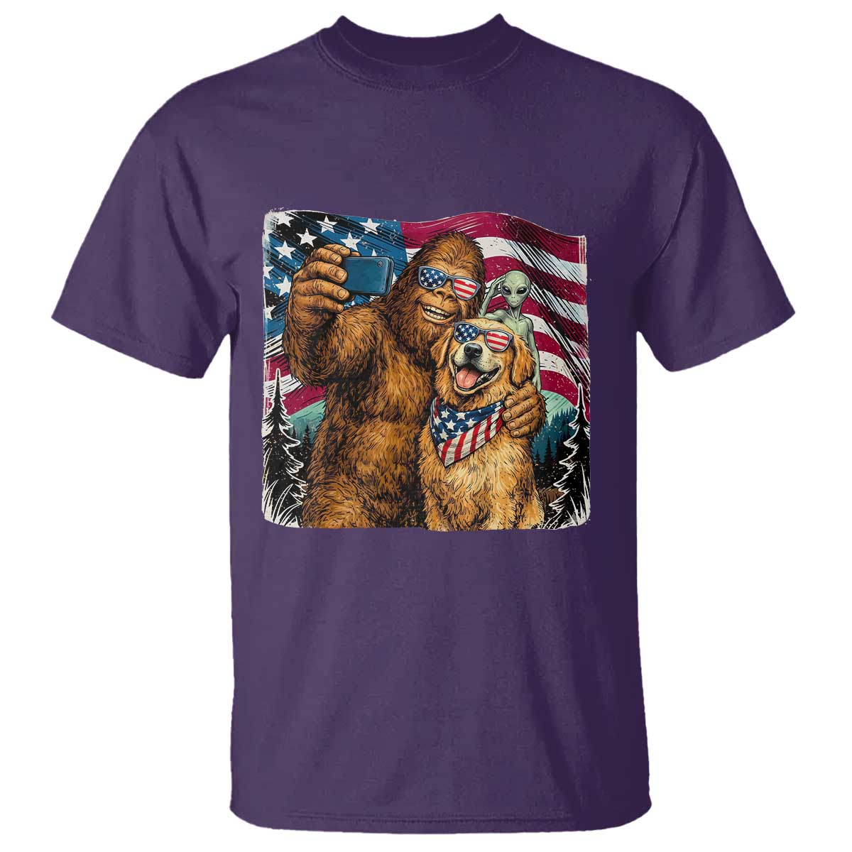 Funny Patriotic Bigfoot Golden Retriever Selfie Squad T Shirt