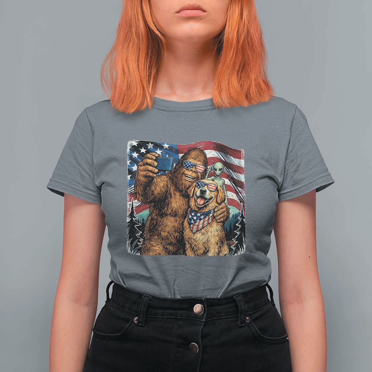 Funny Patriotic Bigfoot Golden Retriever Selfie Squad T Shirt For Women
