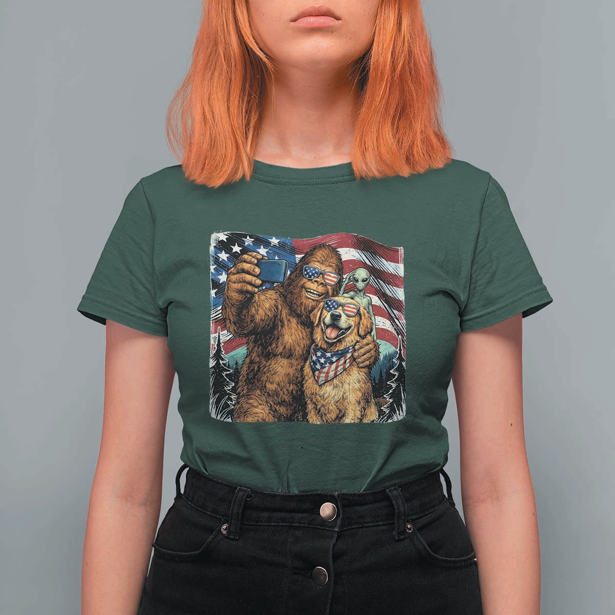 Funny Patriotic Bigfoot Golden Retriever Selfie Squad T Shirt For Women