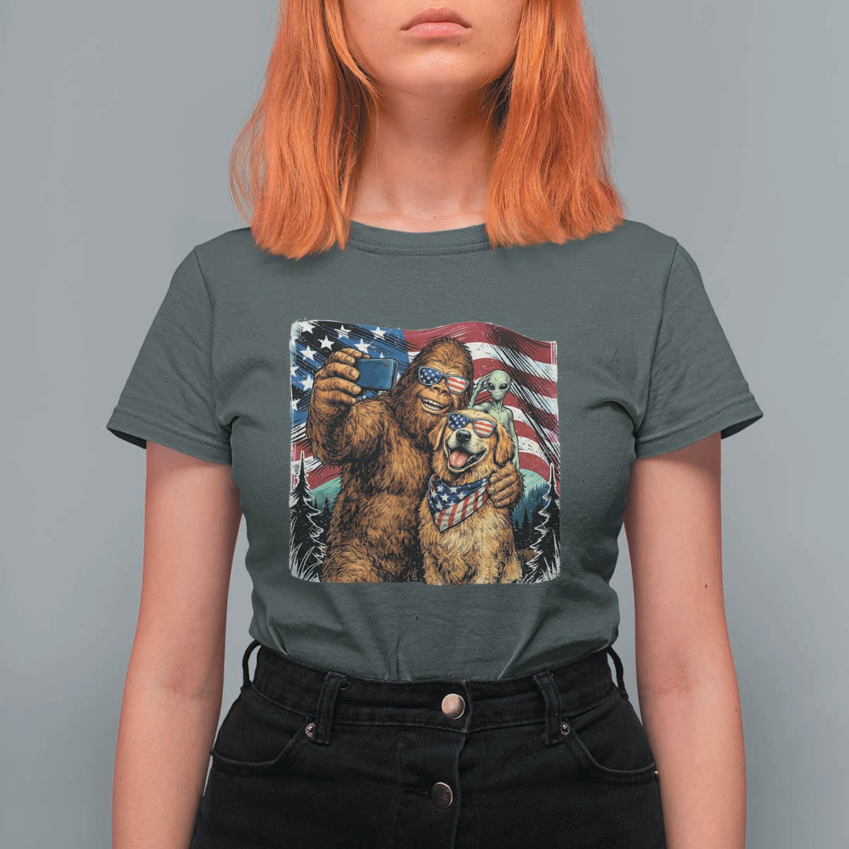 Funny Patriotic Bigfoot Golden Retriever Selfie Squad T Shirt For Women