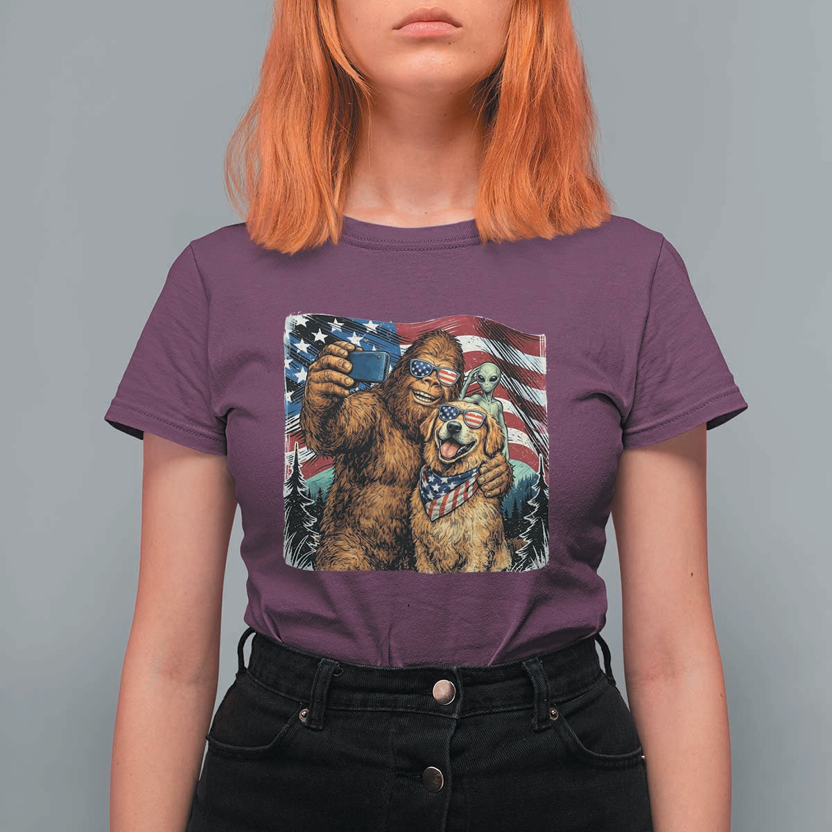 Funny Patriotic Bigfoot Golden Retriever Selfie Squad T Shirt For Women
