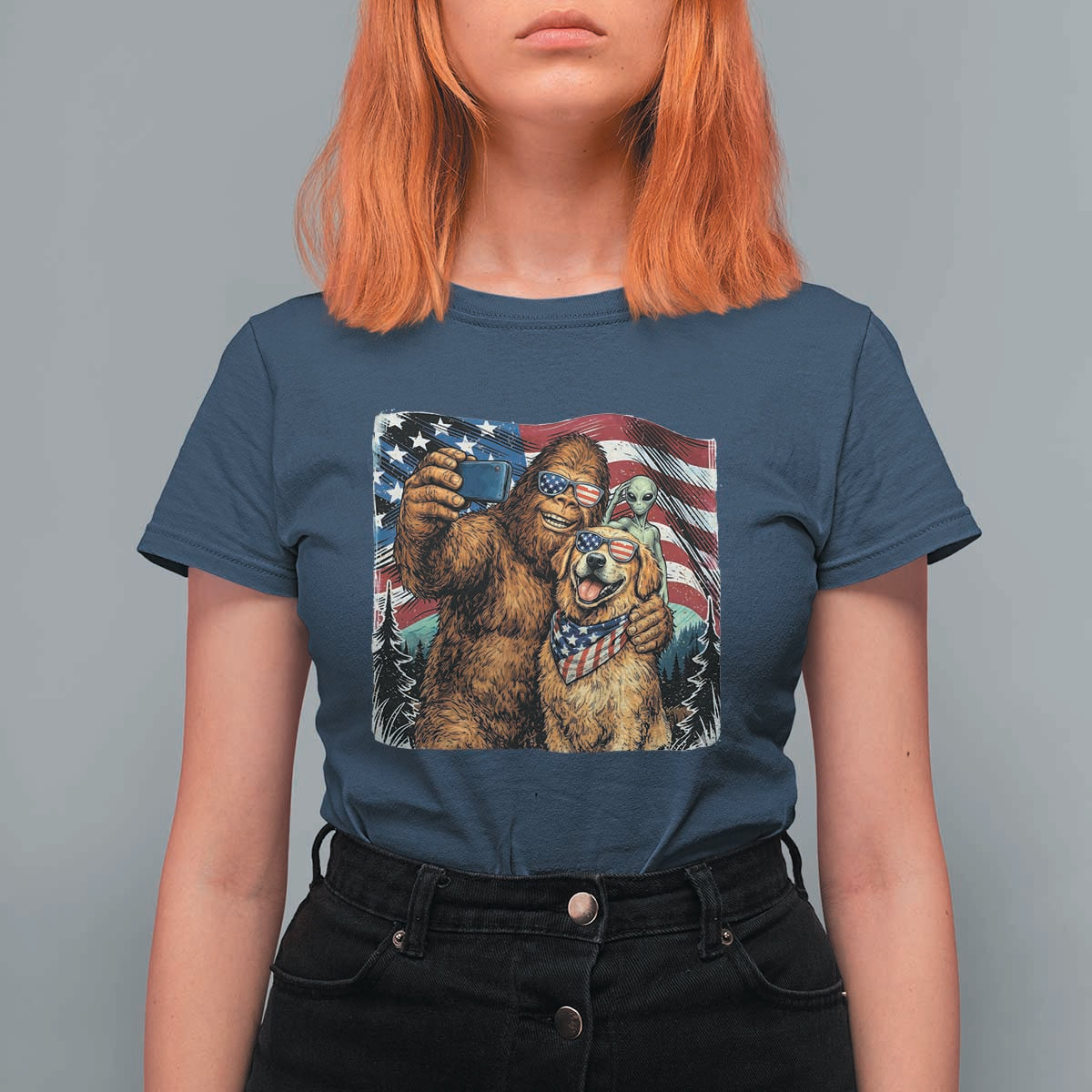 Funny Patriotic Bigfoot Golden Retriever Selfie Squad T Shirt For Women