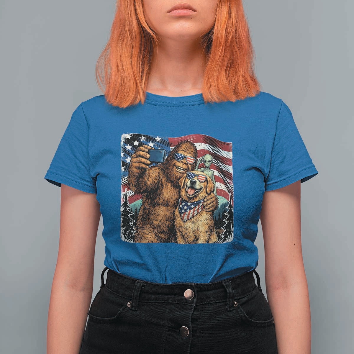 Funny Patriotic Bigfoot Golden Retriever Selfie Squad T Shirt For Women
