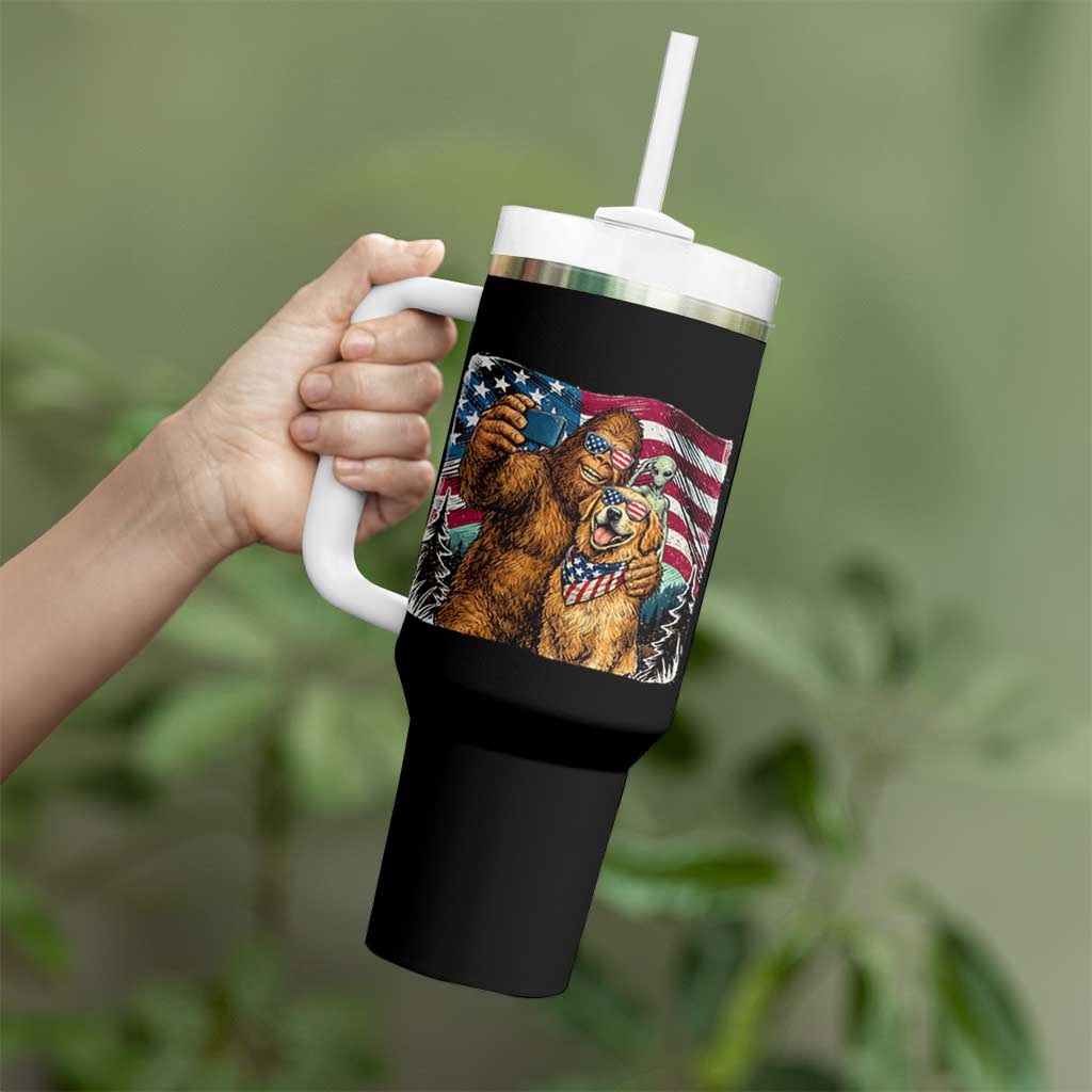 Funny Patriotic Bigfoot Golden Retriever Selfie Squad Tumbler With Handle