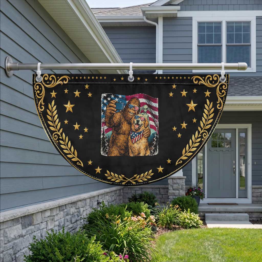 Funny Bigfoot Golden Retriever Selfie Squad Patriotic Fan Flag