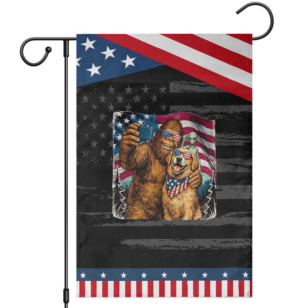 Funny Patriotic Bigfoot Golden Retriever Selfie Squad Patriotic Garden Flag