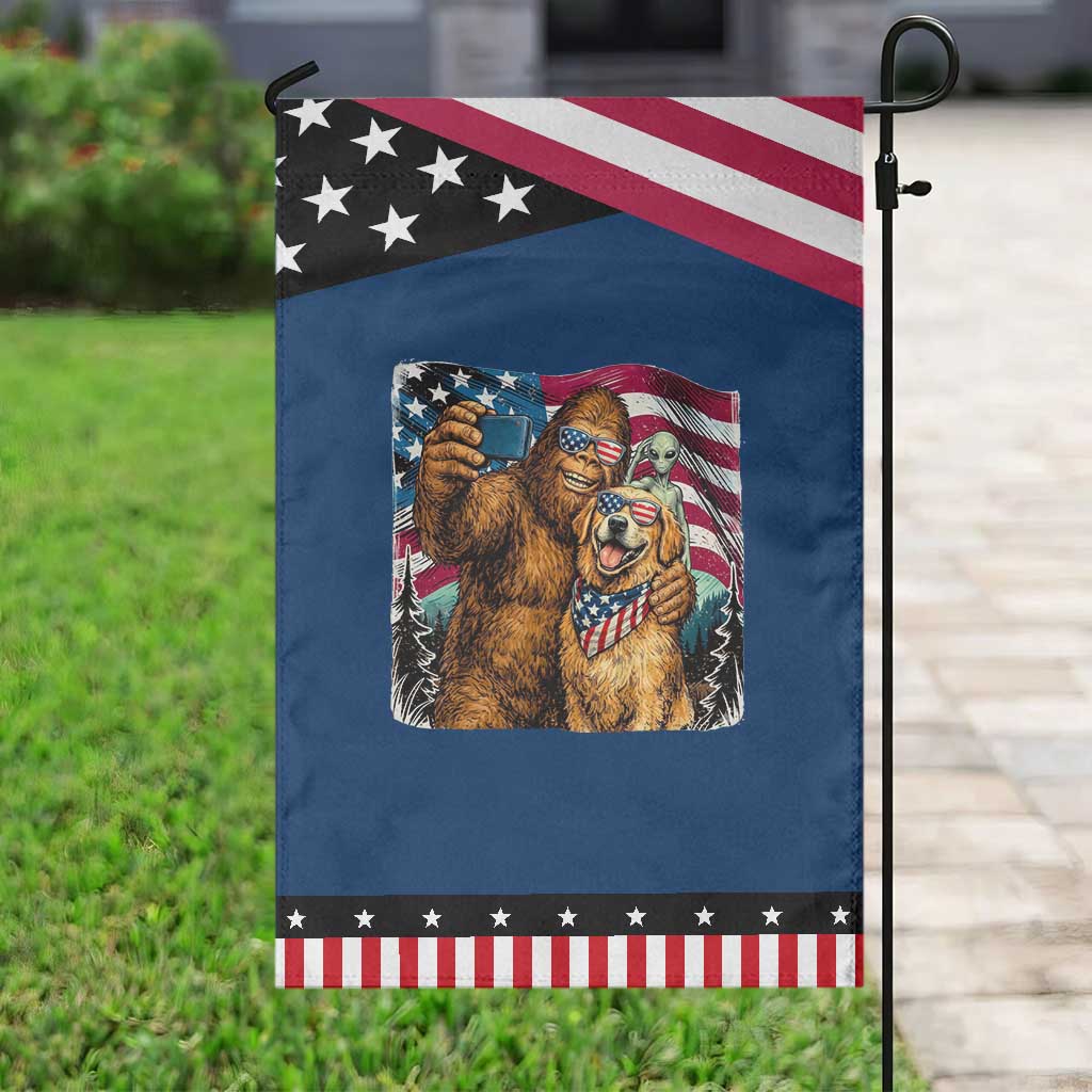 Funny Patriotic Bigfoot Golden Retriever Selfie Squad Patriotic Garden Flag