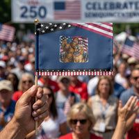 Funny Patriotic Bigfoot Golden Retriever Selfie Squad Patriotic Handheld Flag