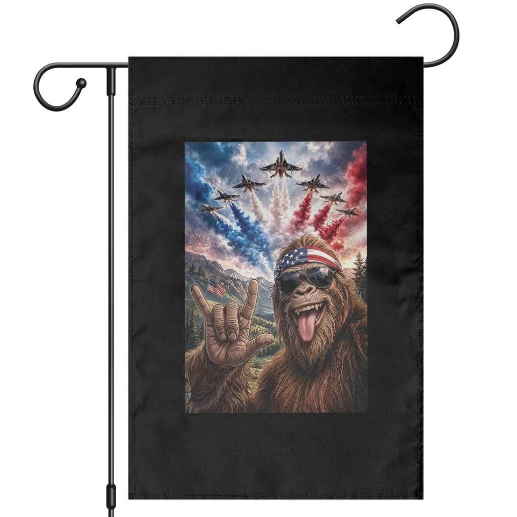 Patriotic Bigfoot 4th Of July Selfie Garden Flag Funny USA Freedom Jet Fighter Graphic