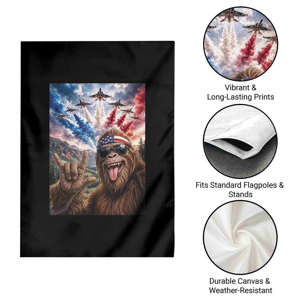 Patriotic Bigfoot 4th Of July Selfie Garden Flag Funny USA Freedom Jet Fighter Graphic