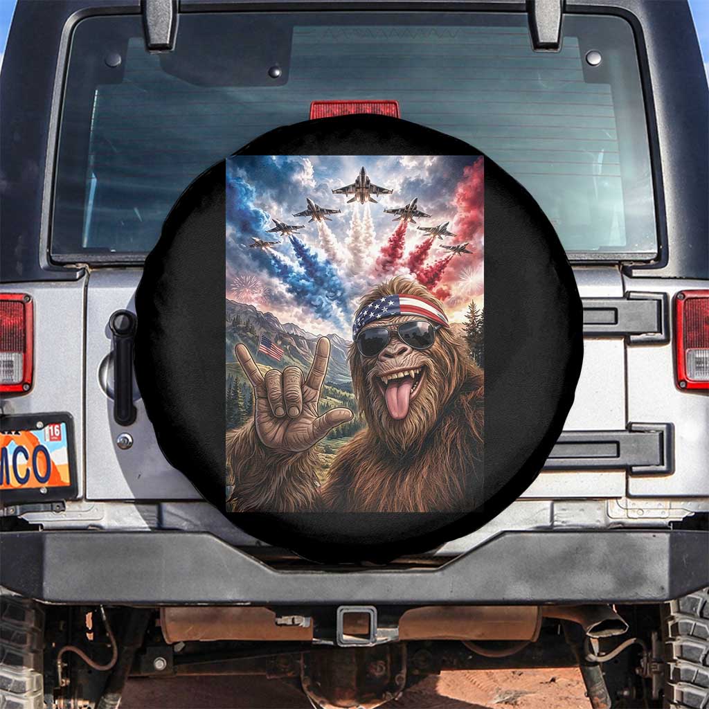 Patriotic Bigfoot 4th Of July Selfie Spare Tire Cover Funny USA Freedom Jet Fighter Graphic