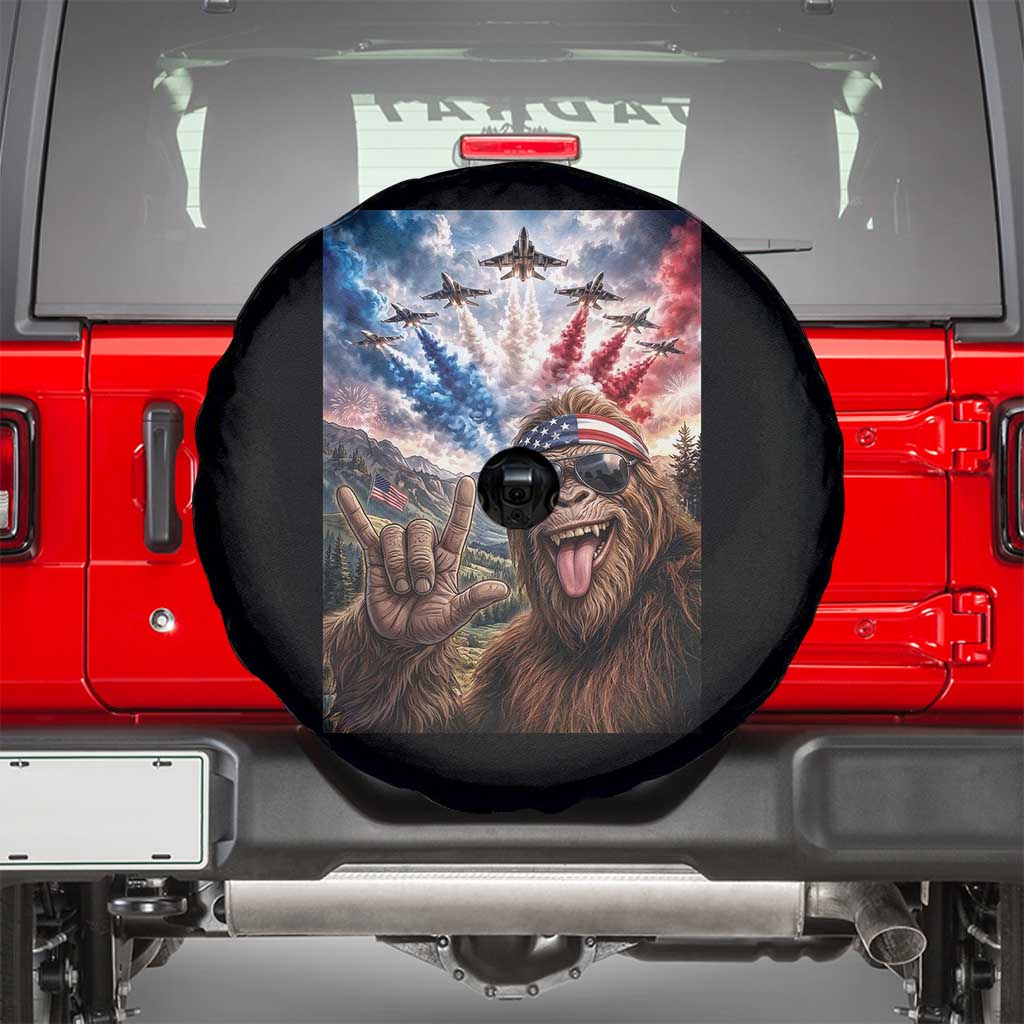 Patriotic Bigfoot 4th Of July Selfie Spare Tire Cover Funny USA Freedom Jet Fighter Graphic