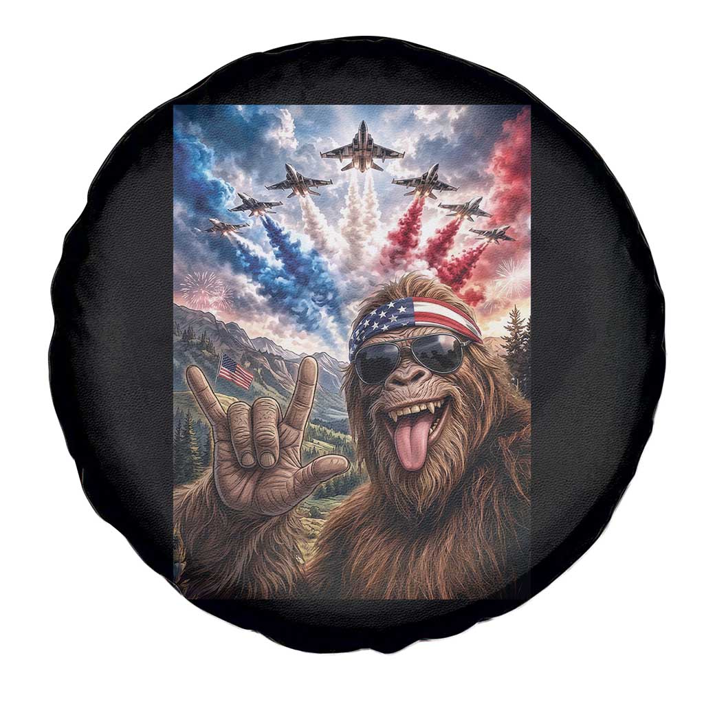 Patriotic Bigfoot 4th Of July Selfie Spare Tire Cover Funny USA Freedom Jet Fighter Graphic
