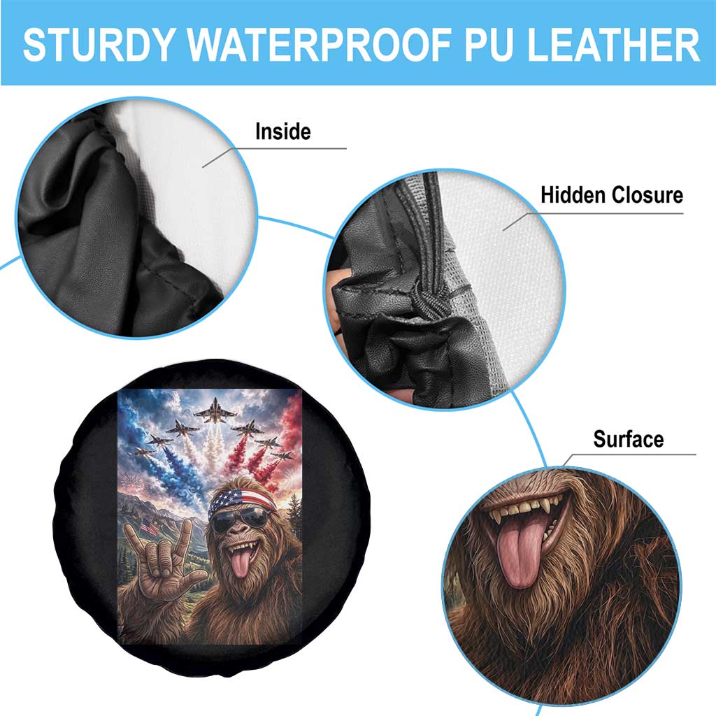 Patriotic Bigfoot 4th Of July Selfie Spare Tire Cover Funny USA Freedom Jet Fighter Graphic