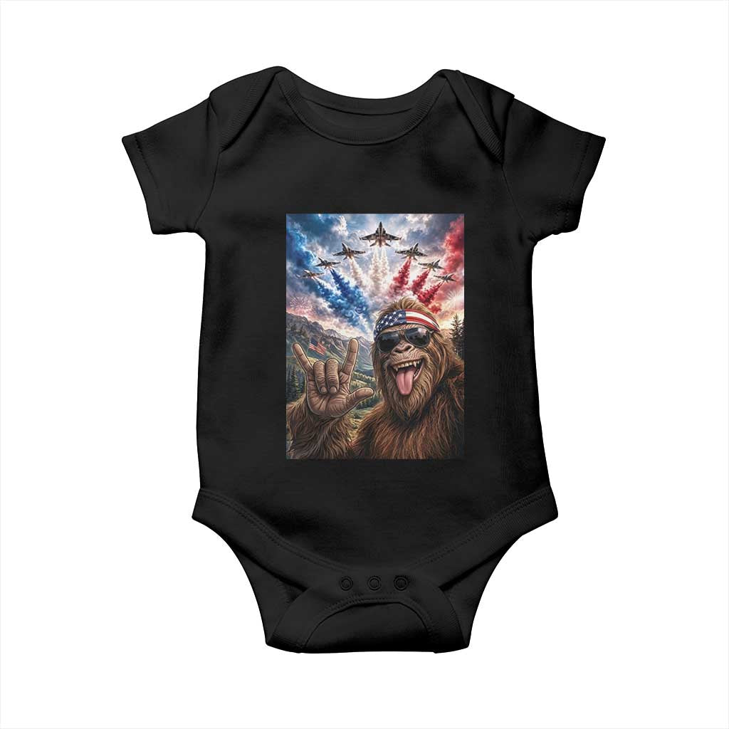 Patriotic Bigfoot 4th Of July Selfie Baby Onesie Funny USA Freedom Jet Fighter Graphic