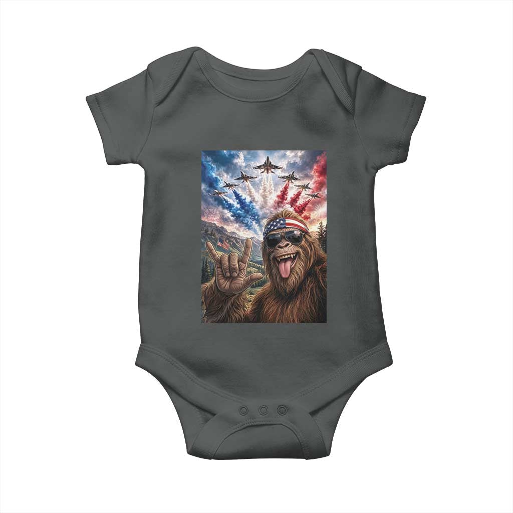 Patriotic Bigfoot 4th Of July Selfie Baby Onesie Funny USA Freedom Jet Fighter Graphic