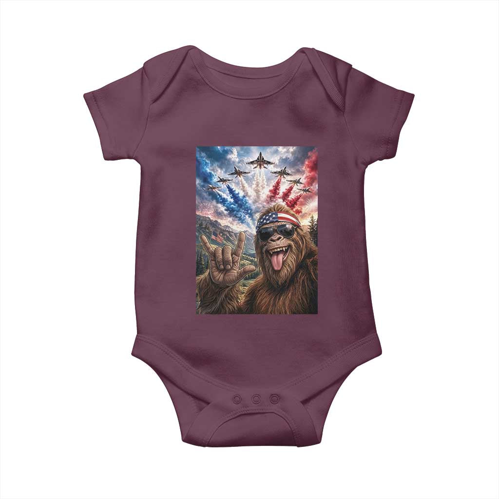 Patriotic Bigfoot 4th Of July Selfie Baby Onesie Funny USA Freedom Jet Fighter Graphic