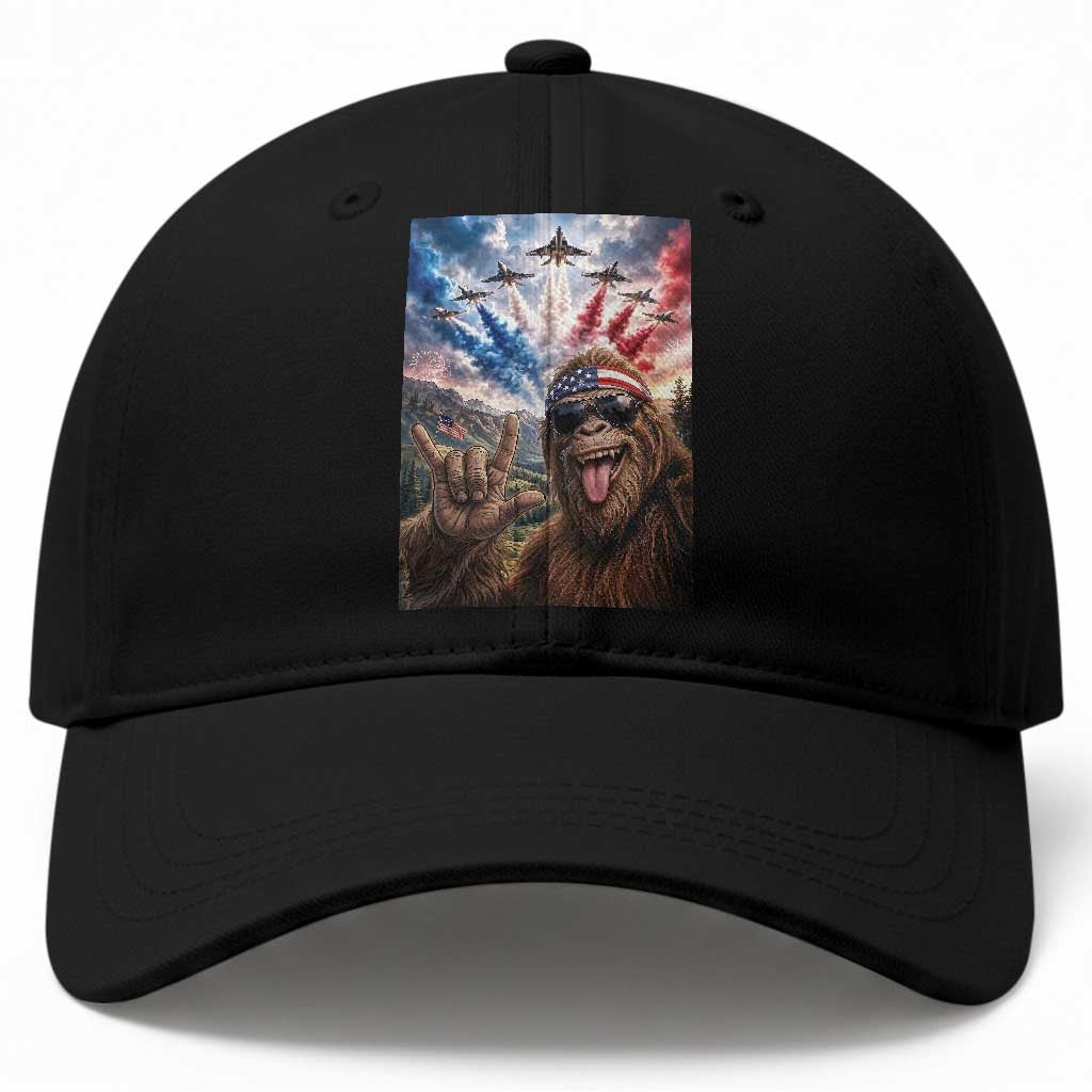 Patriotic Bigfoot 4th Of July Selfie Baseball Cap Funny USA Freedom Jet Fighter Graphic