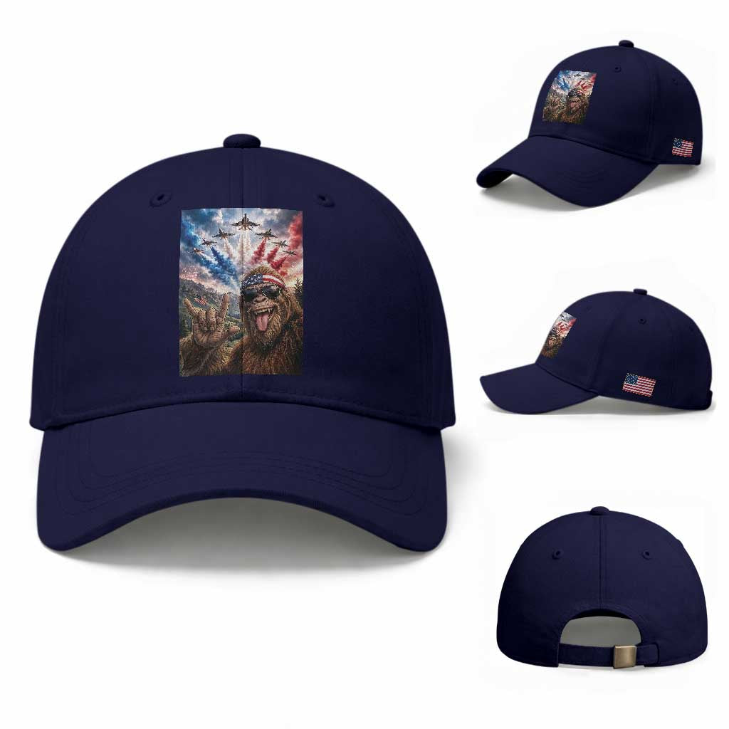 Patriotic Bigfoot 4th Of July Selfie Baseball Cap Funny USA Freedom Jet Fighter Graphic