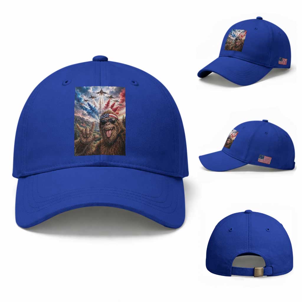 Patriotic Bigfoot 4th Of July Selfie Baseball Cap Funny USA Freedom Jet Fighter Graphic