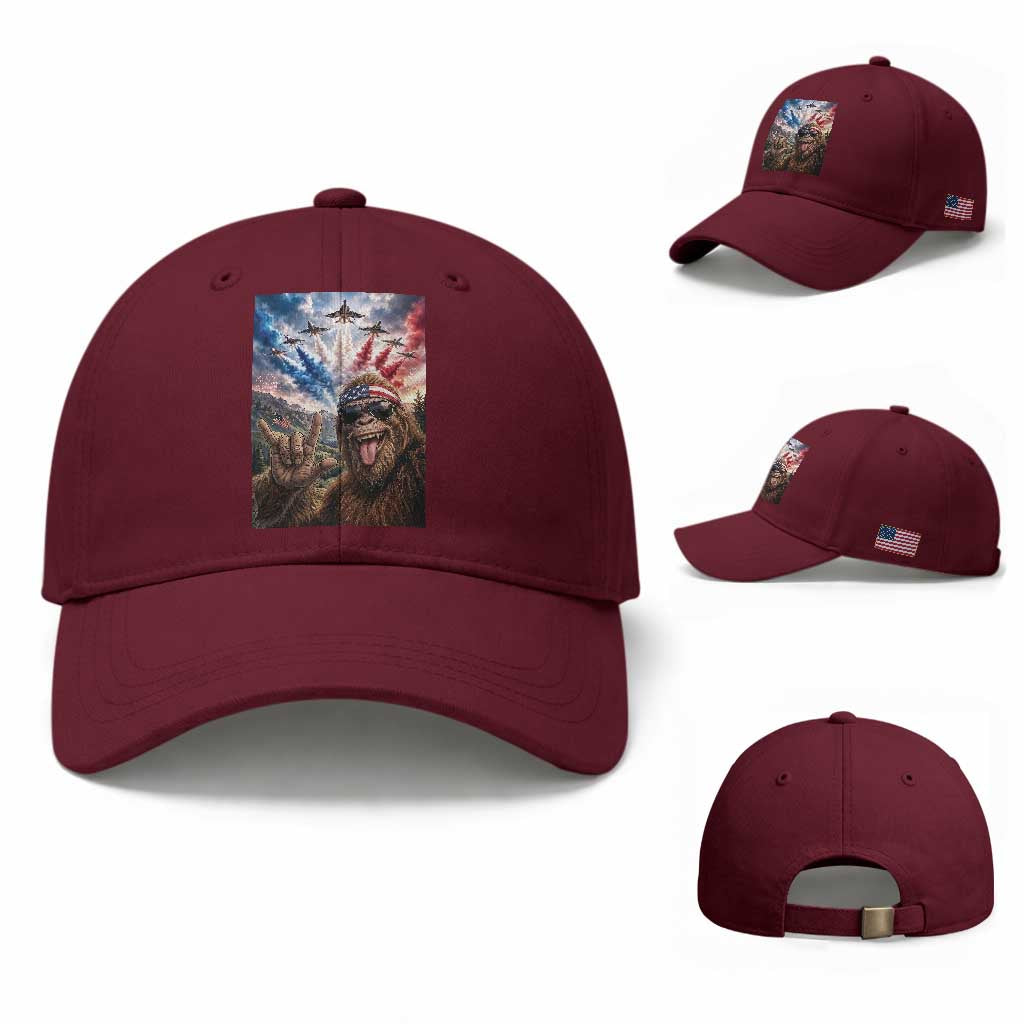 Patriotic Bigfoot 4th Of July Selfie Baseball Cap Funny USA Freedom Jet Fighter Graphic