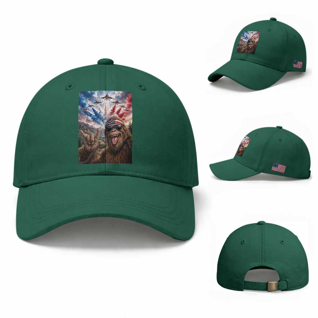 Patriotic Bigfoot 4th Of July Selfie Baseball Cap Funny USA Freedom Jet Fighter Graphic