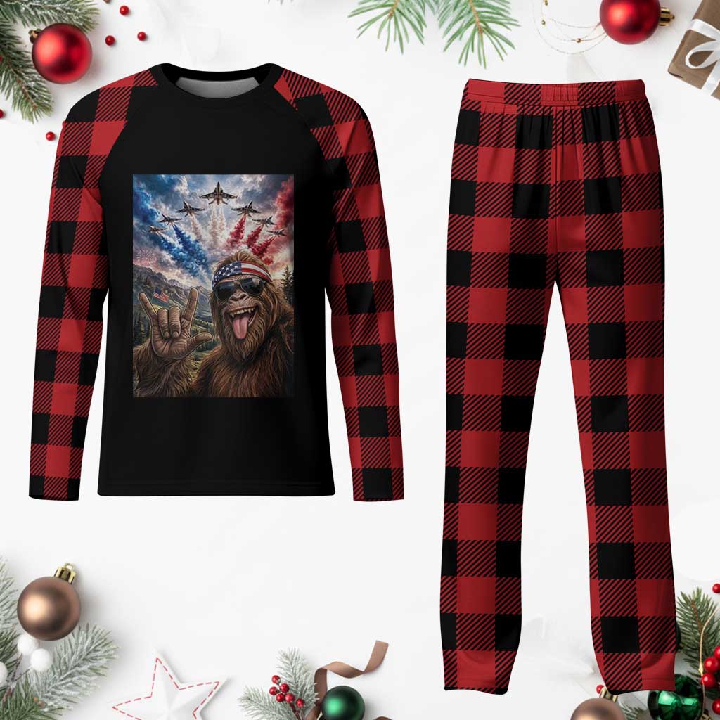 Patriotic Bigfoot 4th Of July Selfie Plaid Pajama Set Funny USA Freedom Jet Fighter Graphic