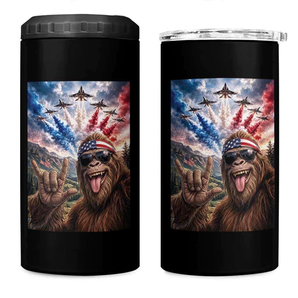 Patriotic Bigfoot 4th Of July Selfie 4 in 1 Can Cooler Tumbler Funny USA Freedom Jet Fighter Graphic