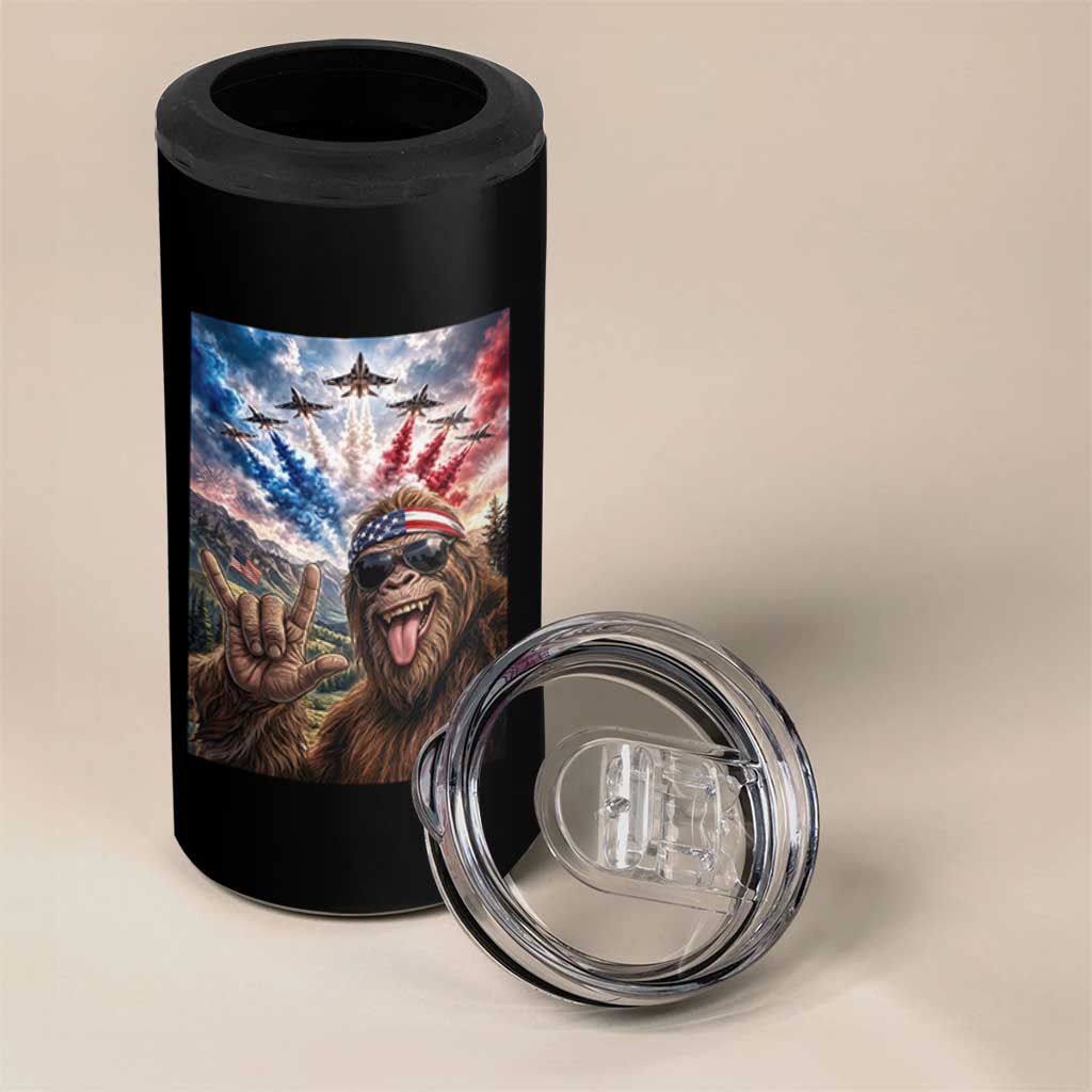 Patriotic Bigfoot 4th Of July Selfie 4 in 1 Can Cooler Tumbler Funny USA Freedom Jet Fighter Graphic
