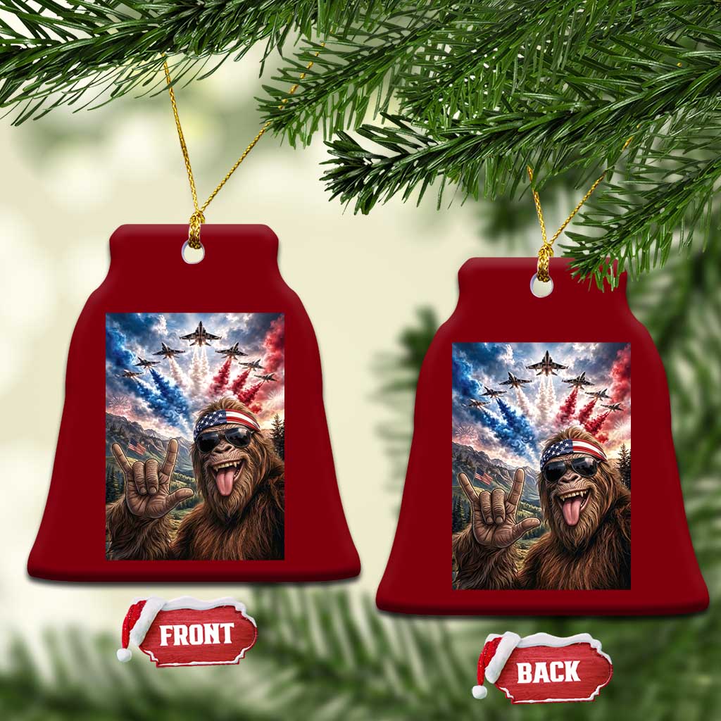 Patriotic Bigfoot 4th Of July Selfie Ceramic Ornament Funny USA Freedom Jet Fighter Graphic